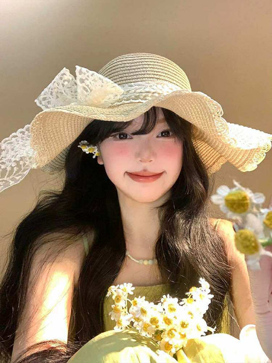 Straw Hat With Lace Bow